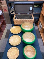3 Wooden nesting bowls and covered wicker storage