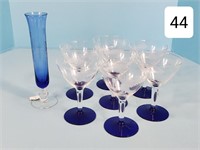 Set of (7) Cobalt Base Etched Champaign Stemware