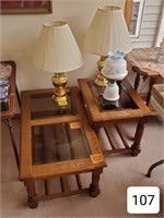 Pair of Oak/Smoke Glass Occasional Table Set