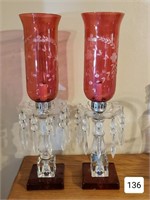Cranberry Etched Shade Hurrican Lamps, Pair