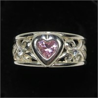 Sterling silver heart shape pink CZ ring with