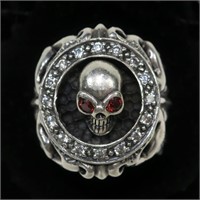 Sterling silver skull design ring with CZ halo,