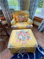 Yellow floral patterned chair and ottoman