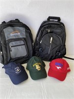 Backpacks (qty. 2), Caps (qty. 3), new never used