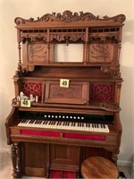 Antique Hand Carved Pump Organ & Stool (Rm1)