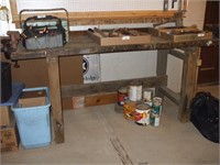 OLD TOOL BENCH, HAND GRINDER, AND VISE