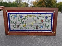 STAINED GLASS PANE WITH CLEAR CENTER IN OAK FRAME: