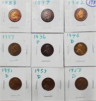 9 old US copper pennies 1883-1958