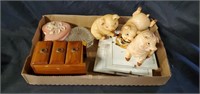 Mini wooden dresser , decorative pigs and jewelry