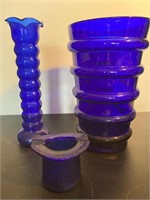 Cobalt blue glass vases & ashtray