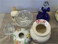 VARIOUS CHINA AND GLASS, BLUE VINEGAR, HAIR KEEPER