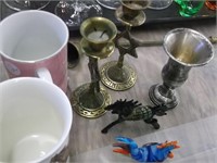 4 MUGS, CANDLE HOLDERS, CANDLE SNUFFER,