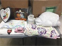 BOX LOT OF ASSORTED TABLECLOTHS AND GLASSWARE