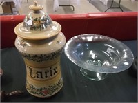 GLASS BOWL, CERAMIC JAR WITH LID