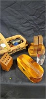 Wicker basket, wooden book ends and shot glass