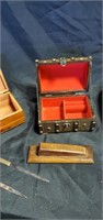 Scissors,  letter opener and two jewelry boxes