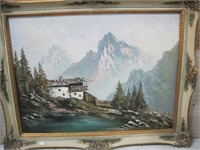 painting of a Swiss Chalet in the mountains