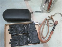 Harley Davidson gloves, leather whip, back rest