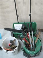 Scotts seeder, bucket, grease gun, yard tools more