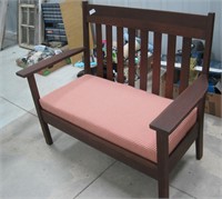 mission oak style bench w/upholstered seat