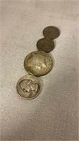1967 half dollar, 2 buffalo nickels and 1950