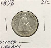 1858 Seated Liberty Quarter Dollar Coin