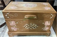 Small hand painted pine wood storage trunk, side