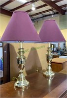 2 brass table lamps with matching burgundy