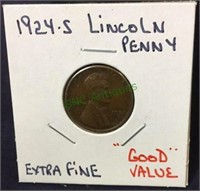 1924S Lincoln penny, extra fine, good