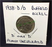 1938D/D buffalo nickel, D over D, almost