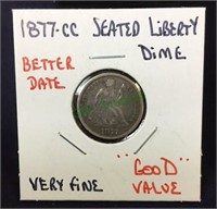 1877CC seated liberty dime, better date, very