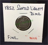 1852 seated liberty dime, fine, nice.(1178)