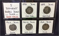 Five different barber dimes, silver, good value,