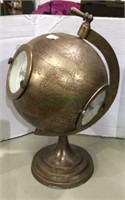 Clock globe, brass toned globe with three clocks