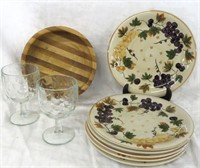 6 plates-2 thumbprint goblets-wood bowl