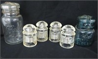 2 Ball Jars; 4 clear Pyrex insulators Made in USA