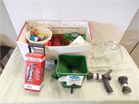 BOX OF GARDEN STUFF, CAN CRUSHER, FISH BOWL