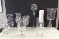 (9) CLEAR GLASS VASES, ONE FULL OF MARBLES