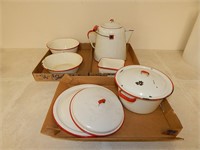 Lot of Vintage Red & White Enamelware