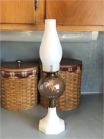 Vintage Milk Glass Oil Lamp with Frosted Chimney