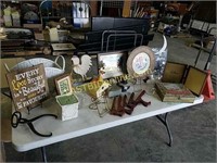 Pictures, stands, oil lamp, ice tongs, & more.