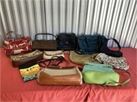 Purses and handbags. Some are leather.