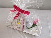 gift basket plates; wine glasses; candles