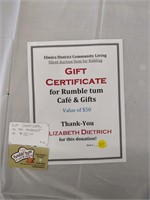 $50 gift cert for Rumble tum café and gifts