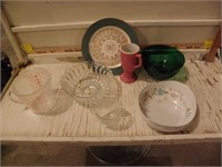 PYREX MEASURING CUP, BOWLS, 1957 PLATE, CUPS