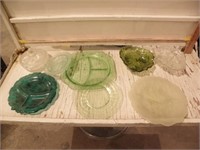 GREEN DEPRESSION GLASS, OTHER DISHES & PLATTERS