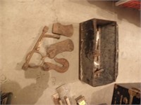 OLD TOOL BOX WITH HOOKS, AX HEADS AND MORE