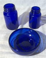 2 Cobalt Blue Jars And 1 Bowl