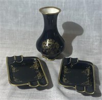 Bavaria Echt Cobalt Vase & 2 Ash Trays