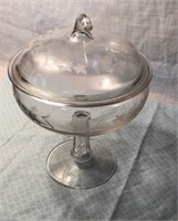 Clear Glass Etched Pedestal Dish w/ Lid
